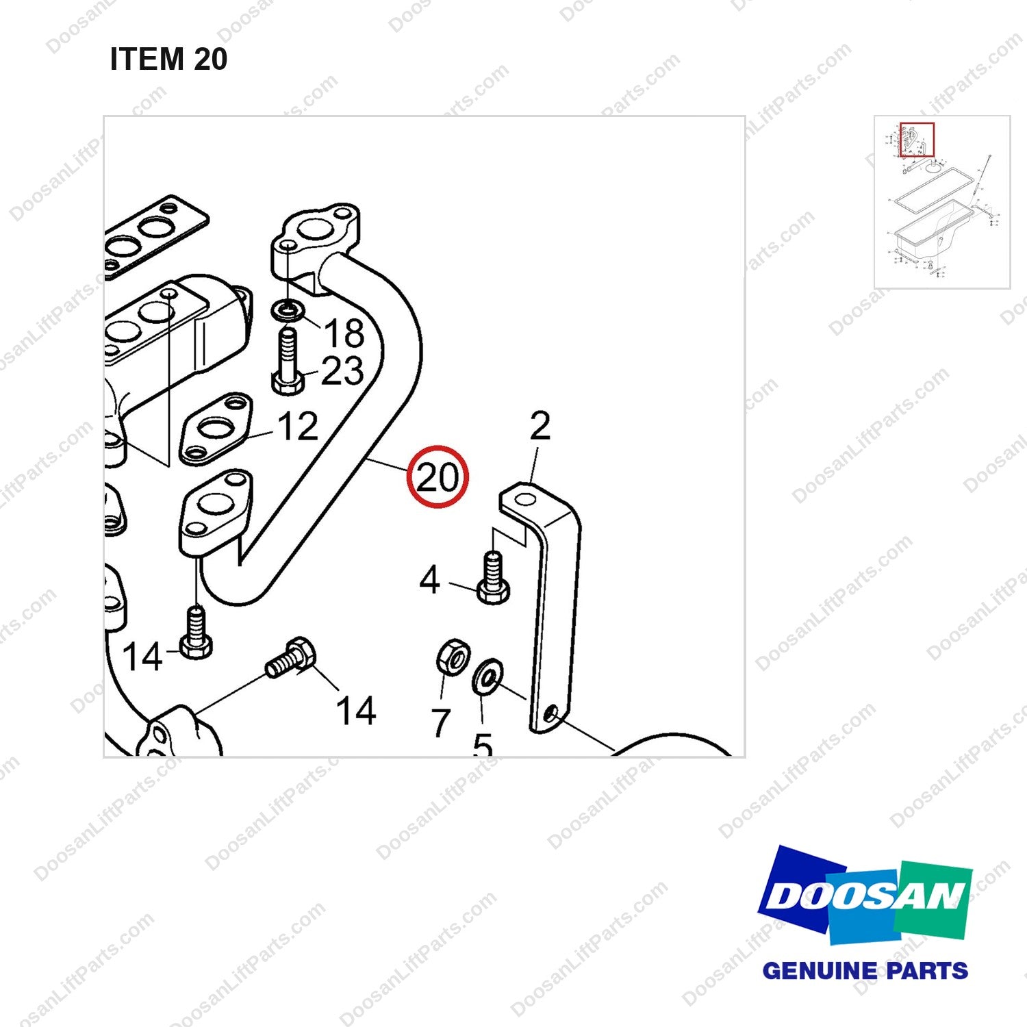 65.05701-5230 OIL PUMP - parts diagram, item 20 shown - genuine Doosan / Bobcat forklift part