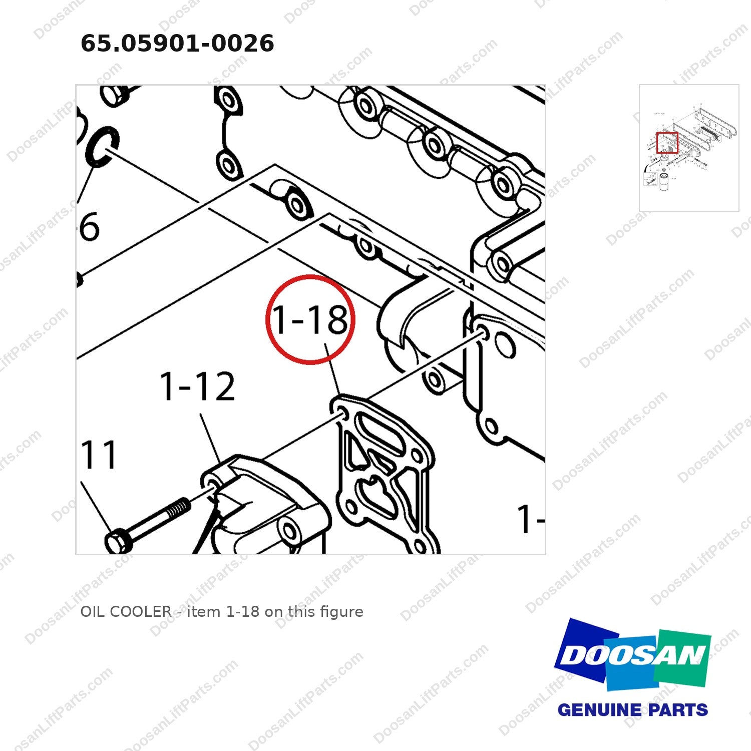 65.05901-0026 OIL COOLER - parts diagram, item 1-18 shown - genuine Doosan / Bobcat forklift part
