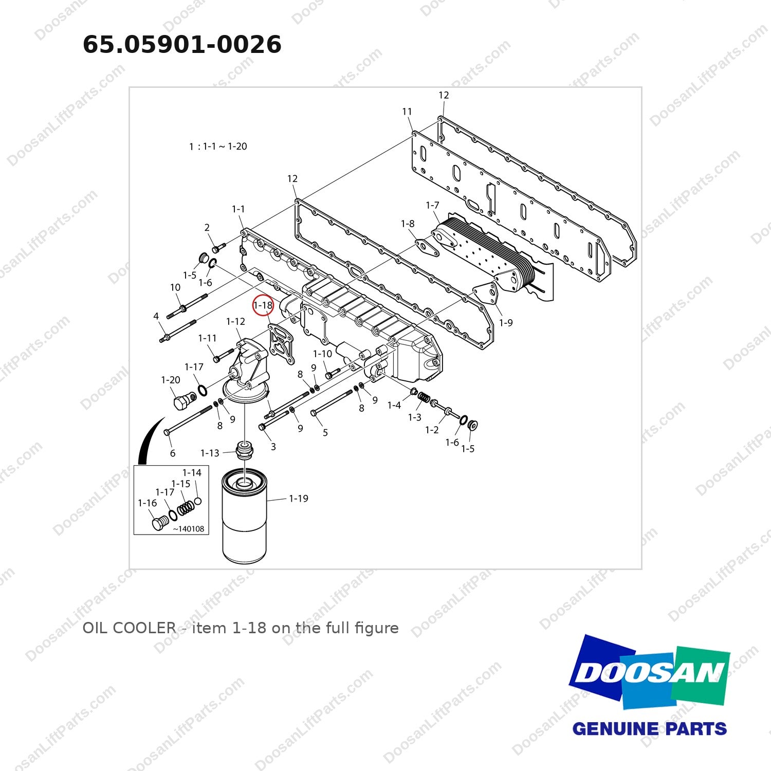 65.05901-0026 OIL COOLER - full parts diagram, item 1-18 marked - genuine Doosan / Bobcat forklift part