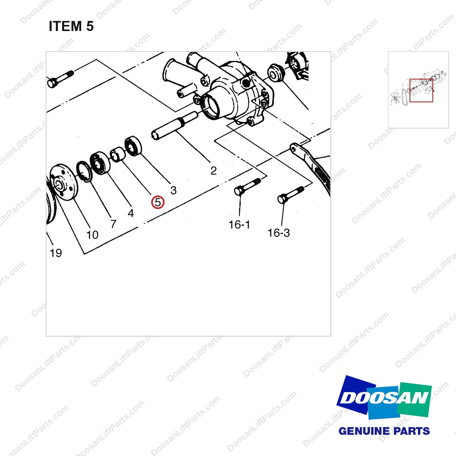 65.06508-0010 WATER PUMP - parts diagram, item 5 shown - genuine Doosan / Bobcat forklift part