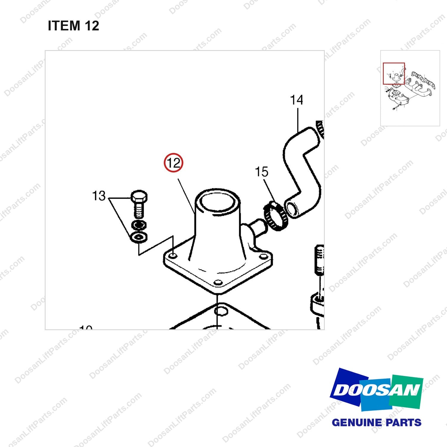 65.08202-5036 INLET EXHAUST MANIFOLD - parts diagram, item 12 shown - genuine Doosan / Bobcat forklift part