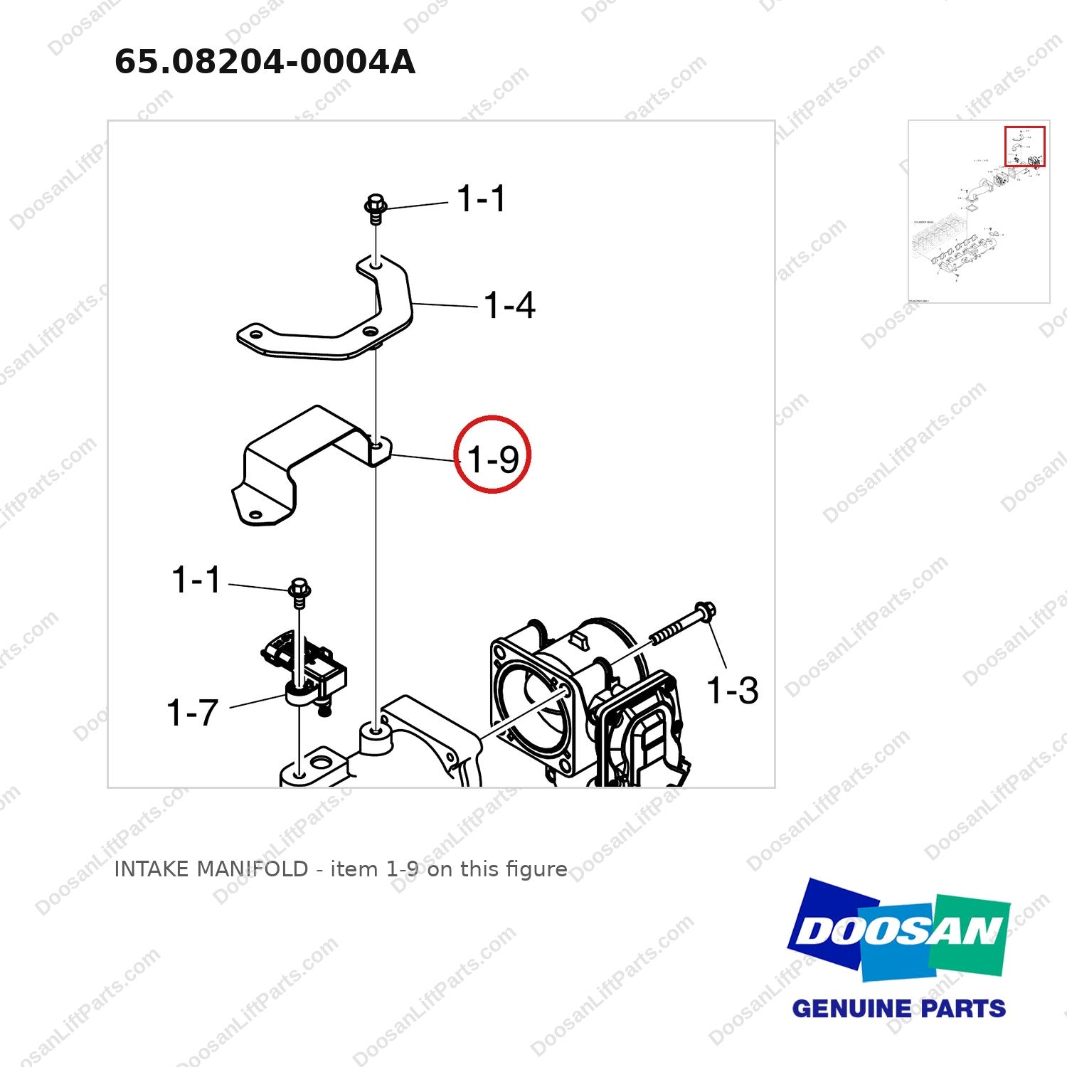 65.08204-0004A INTAKE MANIFOLD - parts diagram, item 1-9 shown - genuine Doosan / Bobcat forklift part