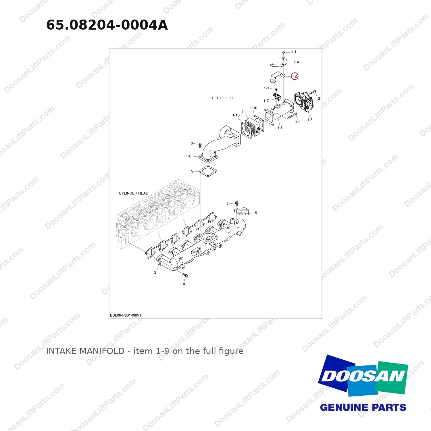 65.08204-0004A INTAKE MANIFOLD - full parts diagram, item 1-9 marked - genuine Doosan / Bobcat forklift part