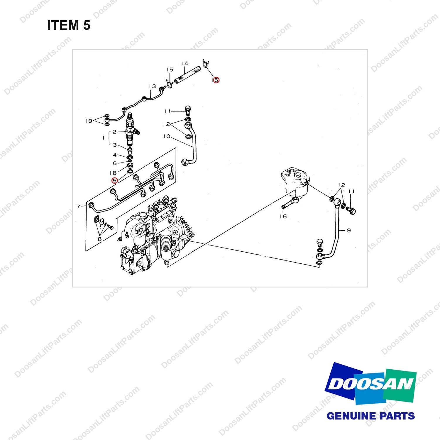 65.10108-0002 FUEL PIPE - full parts diagram, item 5 marked - genuine Doosan / Bobcat forklift part
