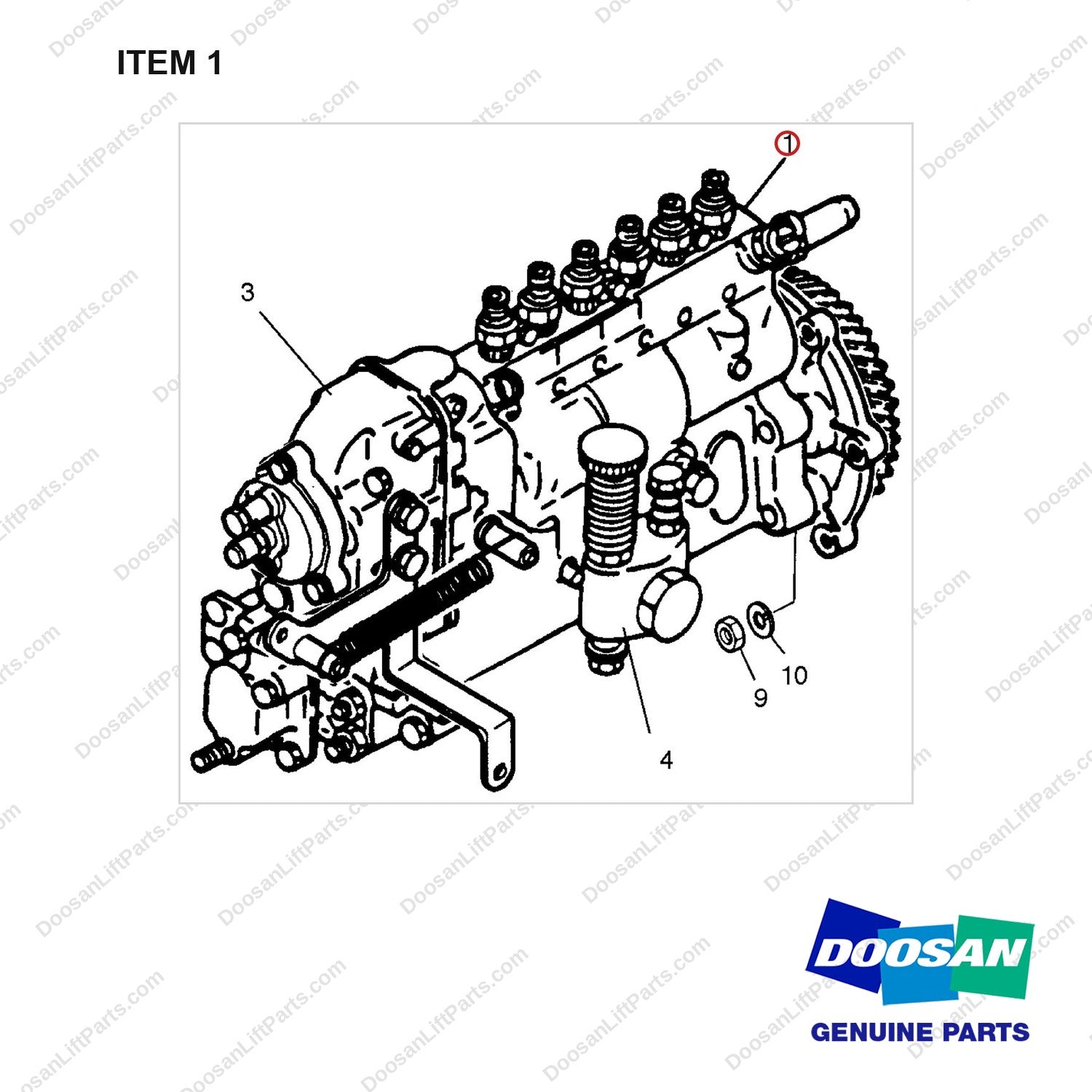 65.11101-7380A INJECTION PUMP - full parts diagram, item 1 marked - genuine Doosan / Bobcat forklift part