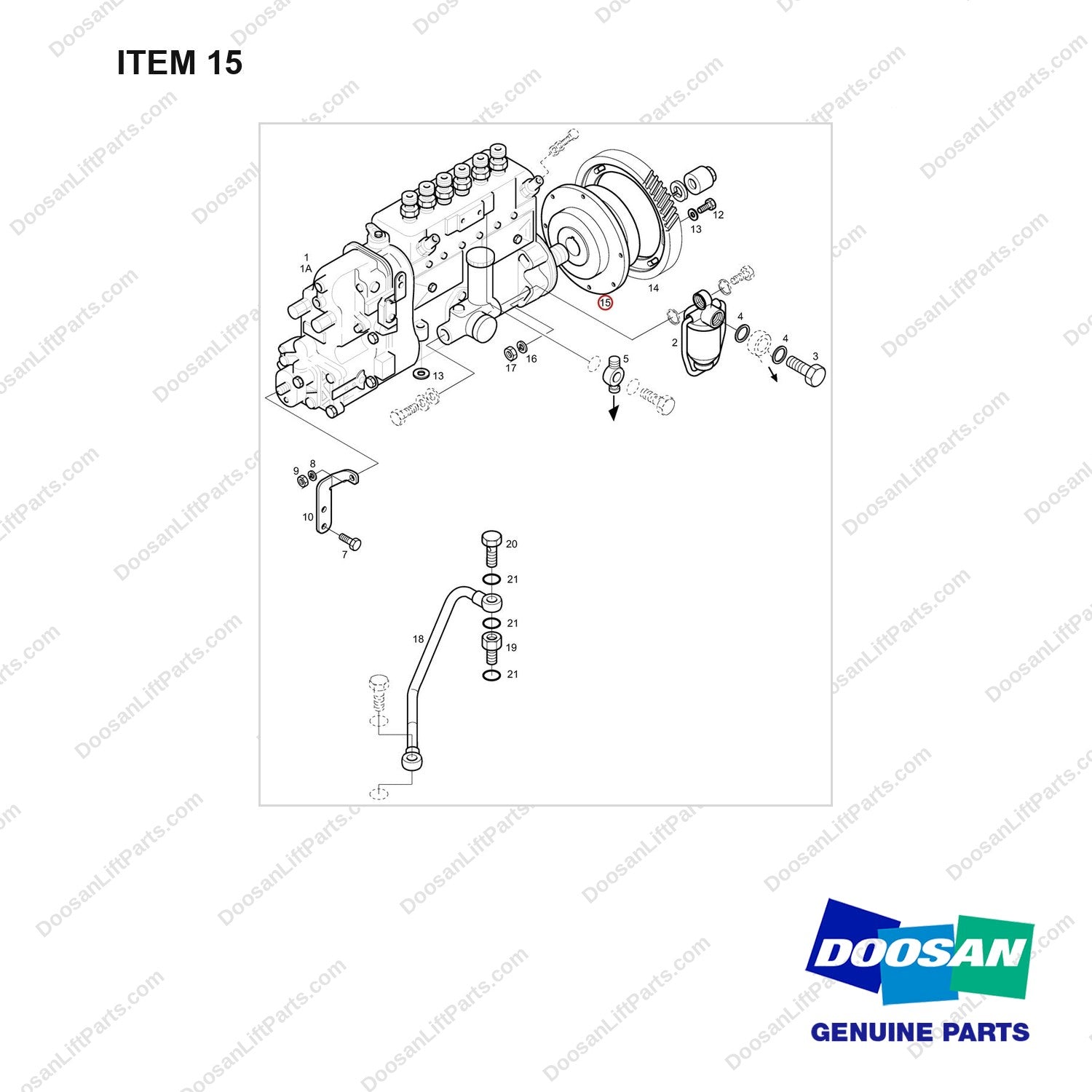 65.11106-0009A INJECTION PUMP - full parts diagram, item 15 marked - genuine Doosan / Bobcat forklift part