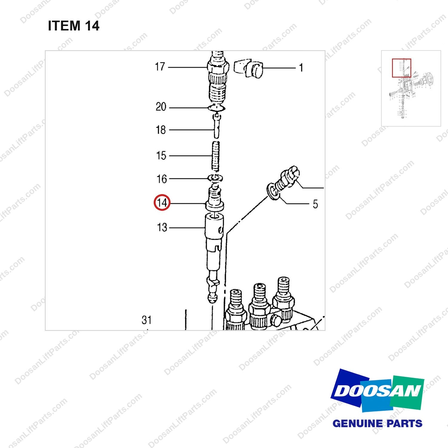 65.11108-0010S INJECTION PUMP - parts diagram, item 14 shown - genuine Doosan / Bobcat forklift part