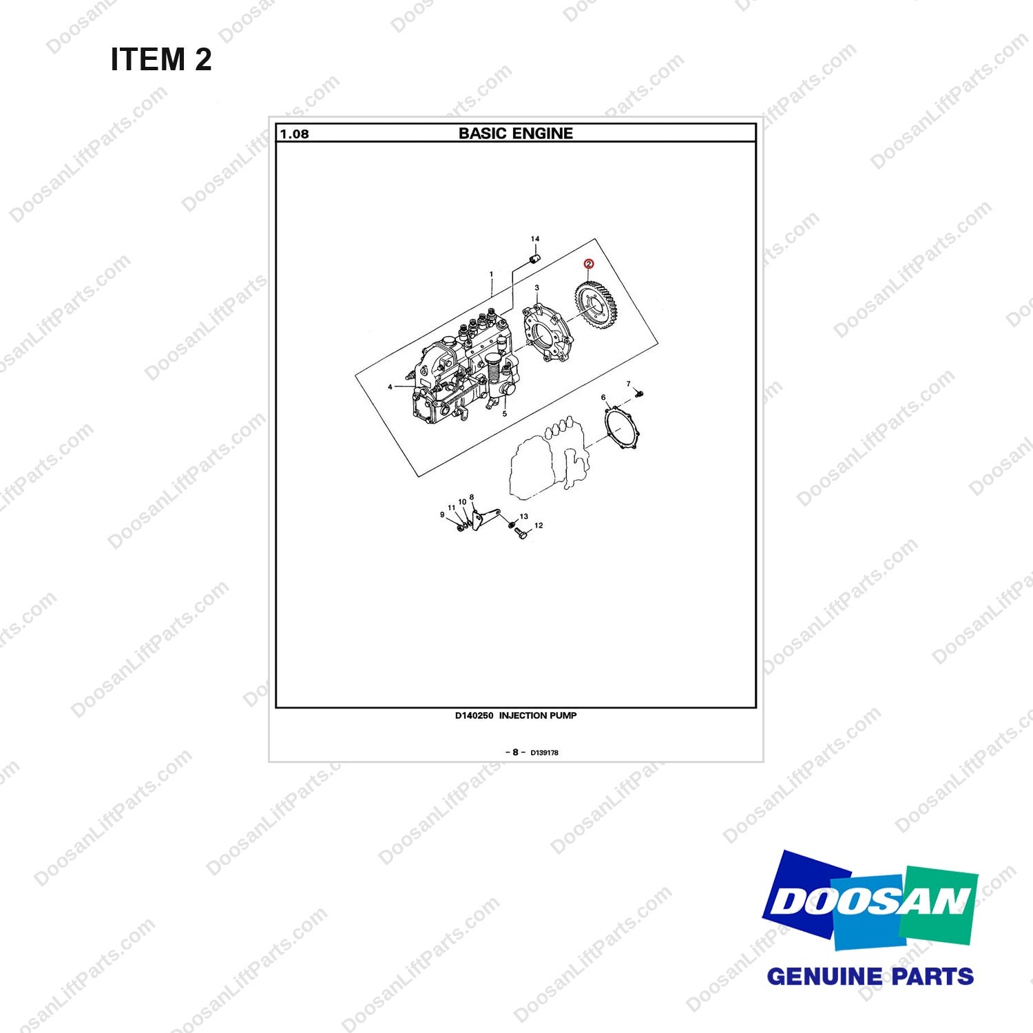 65.11301-0008A INJECTION PUMP - full parts diagram, item 2 marked - genuine Doosan / Bobcat forklift part