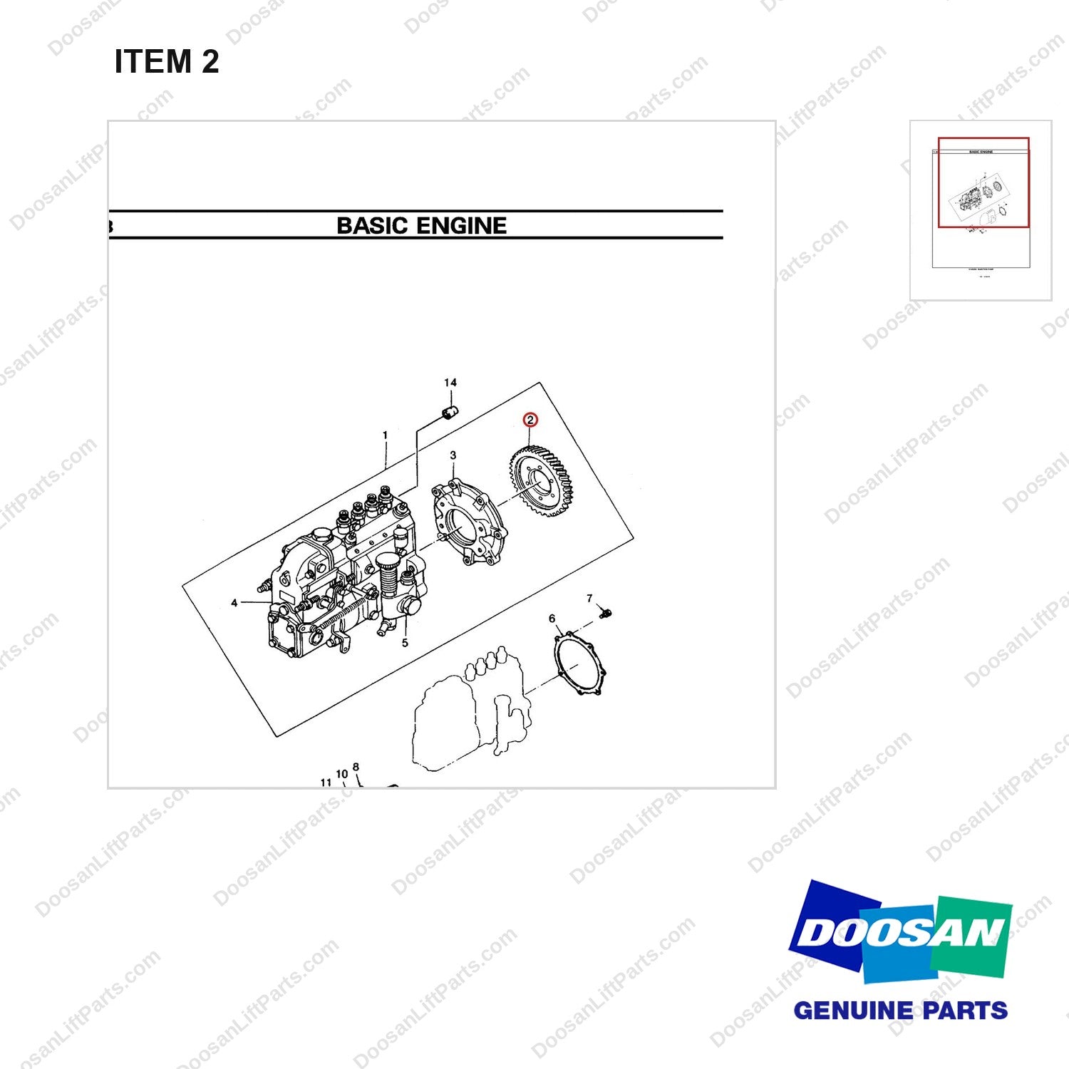 65.11301-0008A INJECTION PUMP - parts diagram, item 2 shown - genuine Doosan / Bobcat forklift part