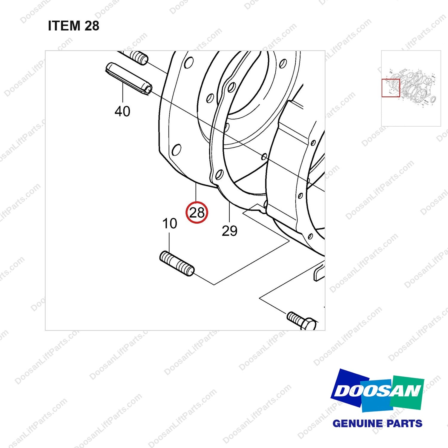 65.11401-5007 TIMING GEAR CASE - parts diagram, item 28 shown - genuine Doosan / Bobcat forklift part