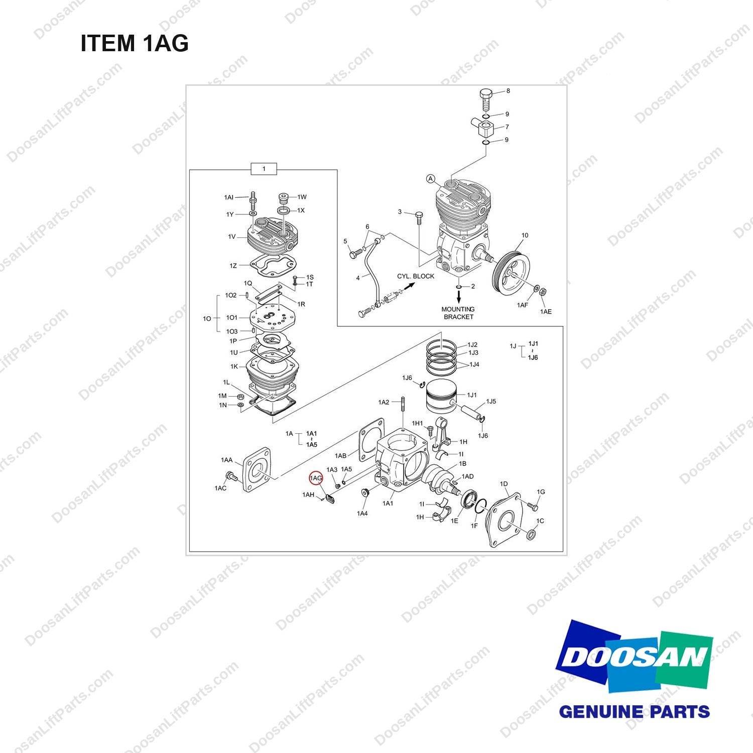 65.54871-0001 AIR COMPRESSOR - full parts diagram, item 1AG marked - genuine Doosan / Bobcat forklift part