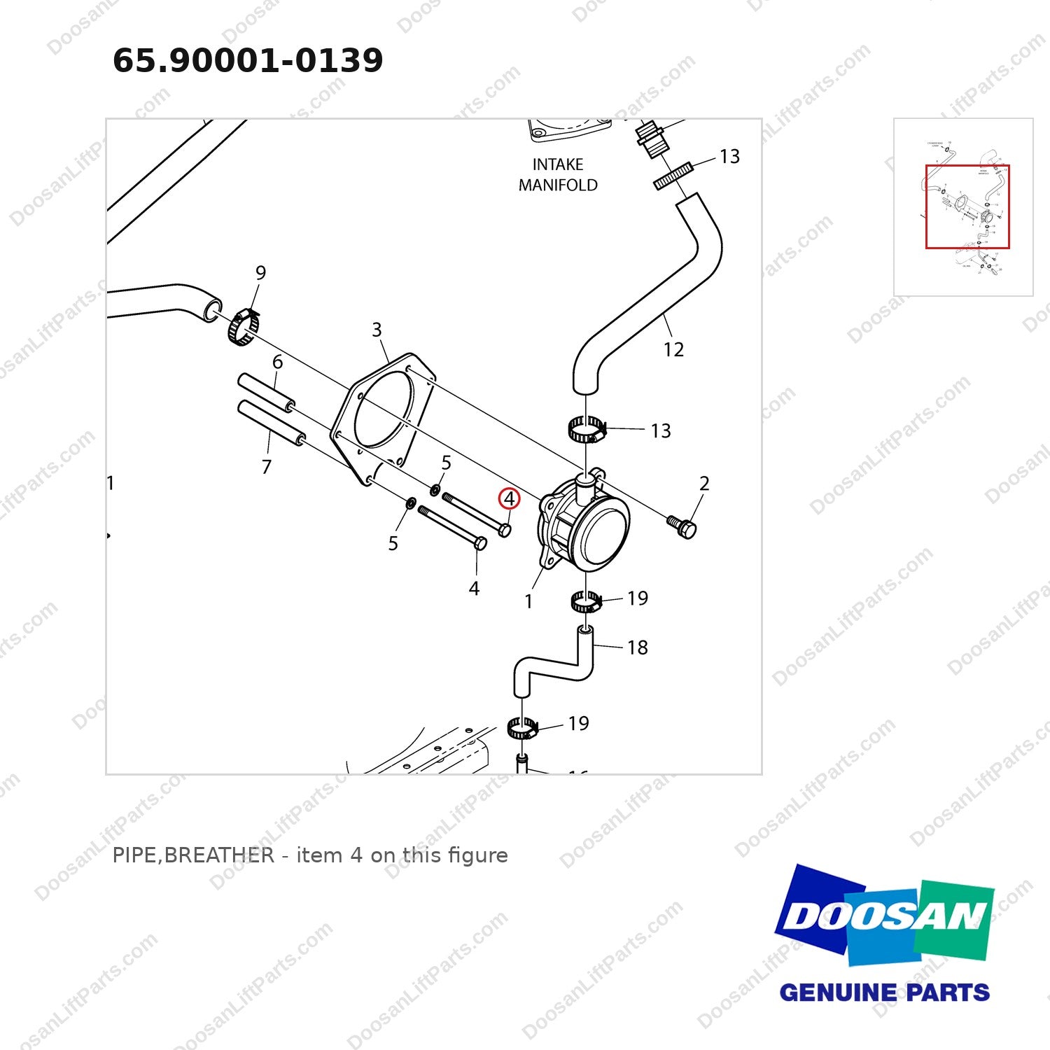 65.90001-0139 PIPE,BREATHER - parts diagram, item 4 shown - genuine Doosan / Bobcat forklift part