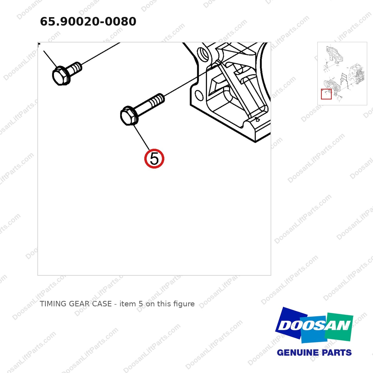 65.90020-0080 TIMING GEAR CASE - parts diagram, item 5 shown - genuine Doosan / Bobcat forklift part