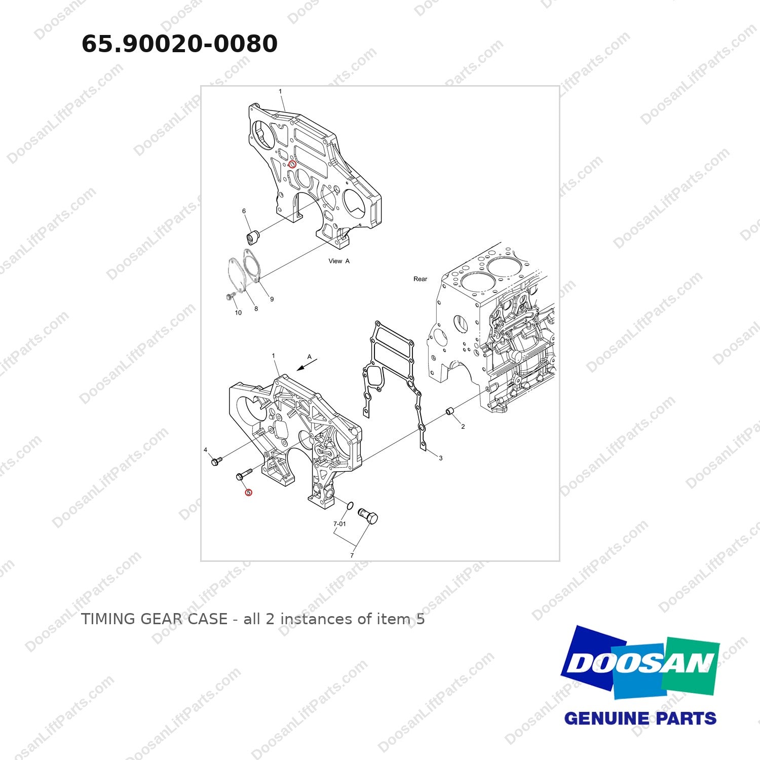 65.90020-0080 TIMING GEAR CASE - full parts diagram, item 5 marked - genuine Doosan / Bobcat forklift part