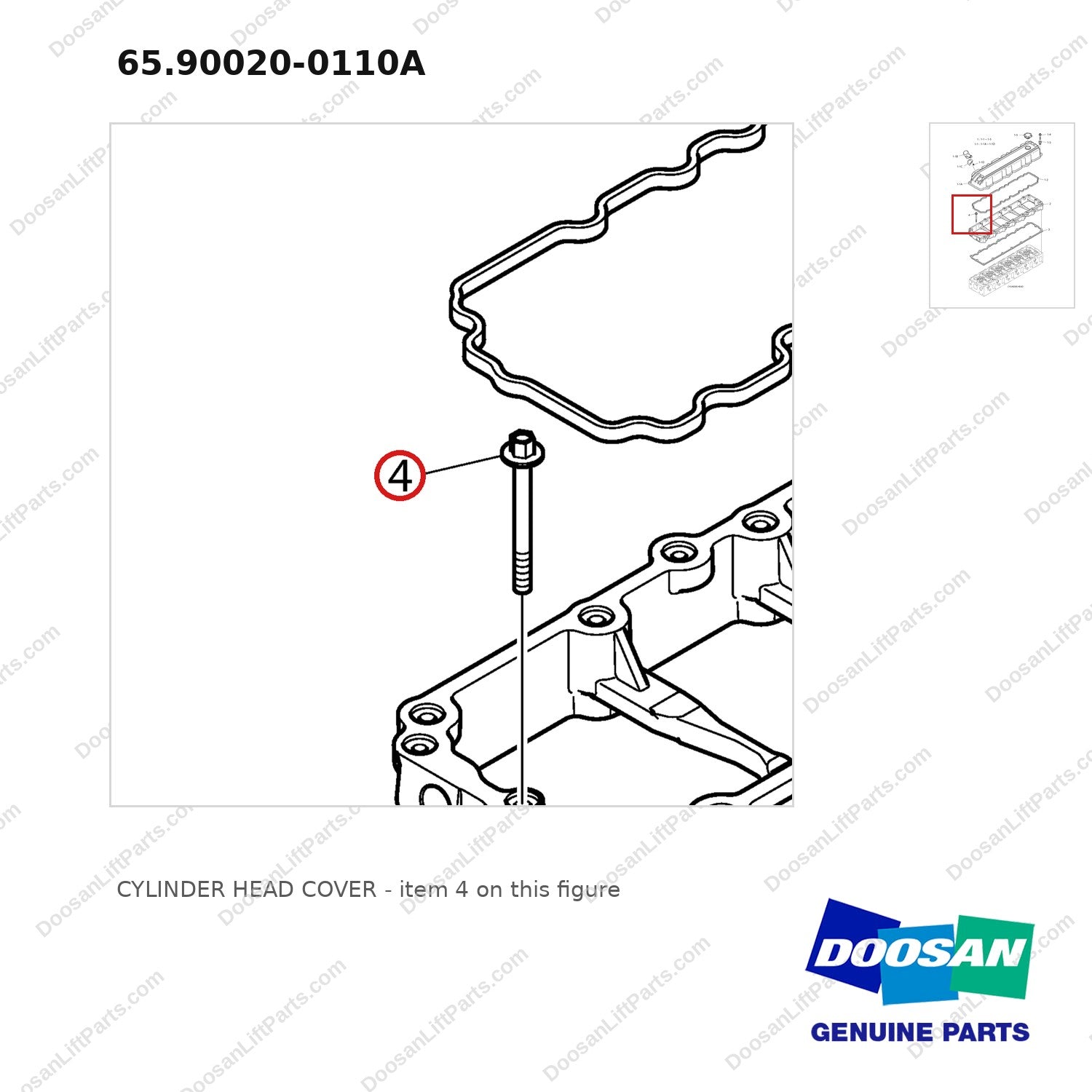 65.90020-0110A CYLINDER HEAD COVER - parts diagram, item 4 shown - genuine Doosan / Bobcat forklift part