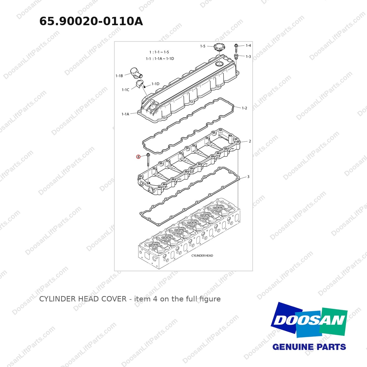 65.90020-0110A CYLINDER HEAD COVER - full parts diagram, item 4 marked - genuine Doosan / Bobcat forklift part