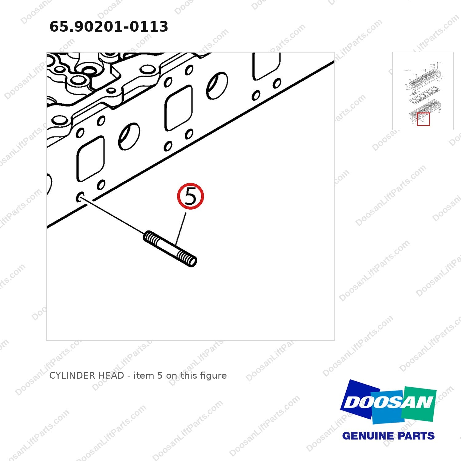 65.90201-0113 CYLINDER HEAD - parts diagram, item 5 shown - genuine Doosan / Bobcat forklift part