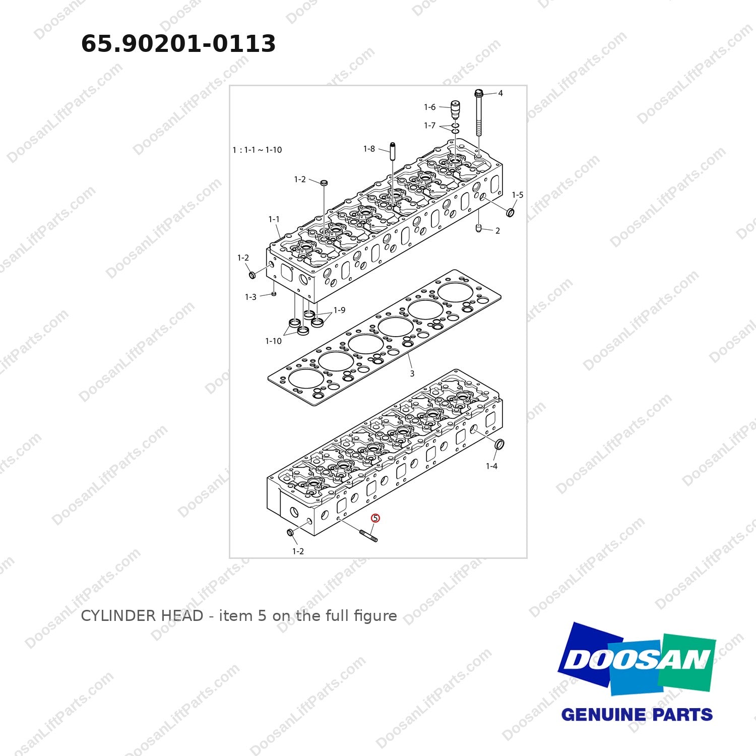 65.90201-0113 CYLINDER HEAD - full parts diagram, item 5 marked - genuine Doosan / Bobcat forklift part