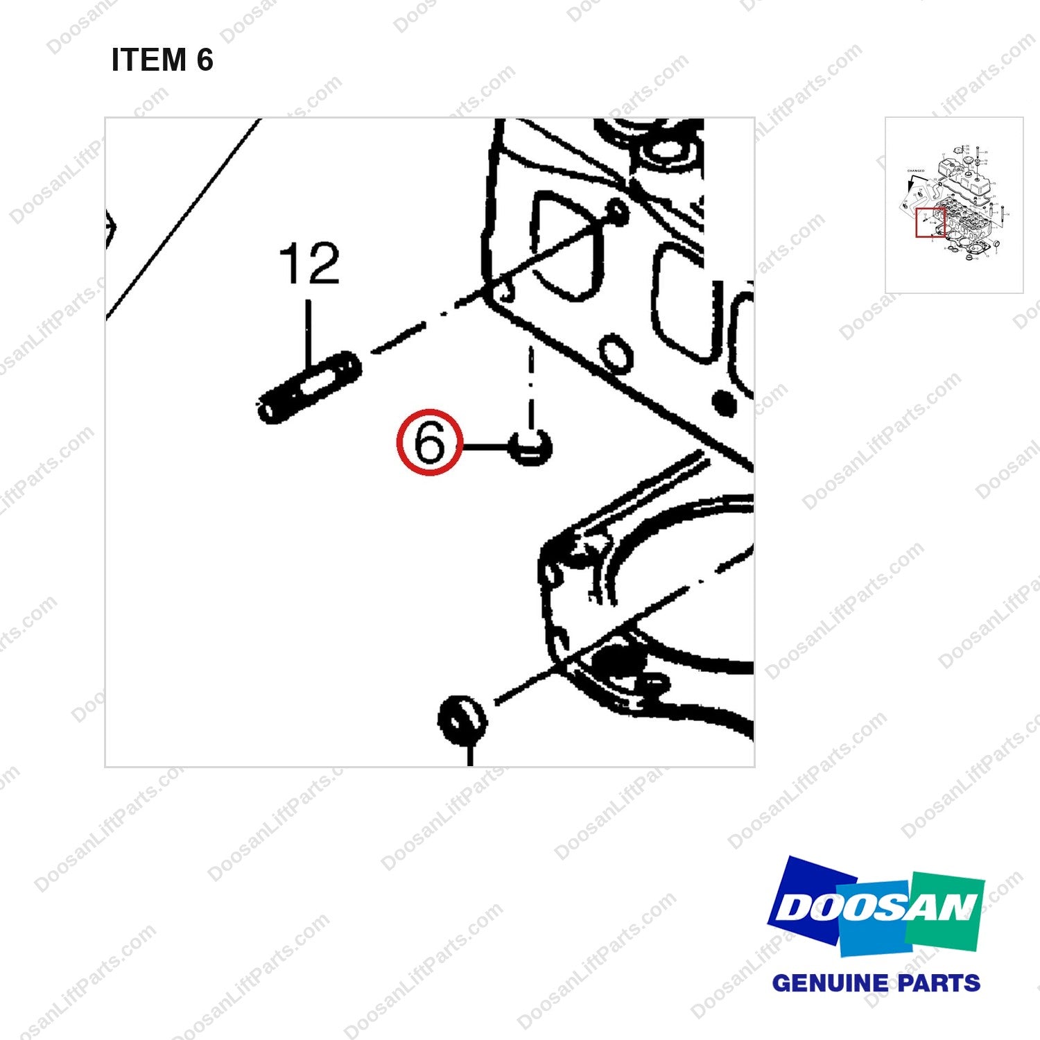 65.90302-0033 CYLINDER HEAD AND COVER - parts diagram, item 6 shown - genuine Doosan / Bobcat forklift part