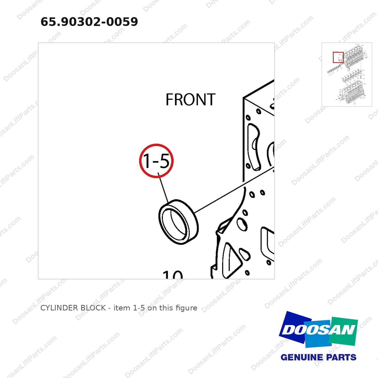 65.90302-0059 CYLINDER BLOCK - parts diagram, item 1-5 shown - genuine Doosan / Bobcat forklift part