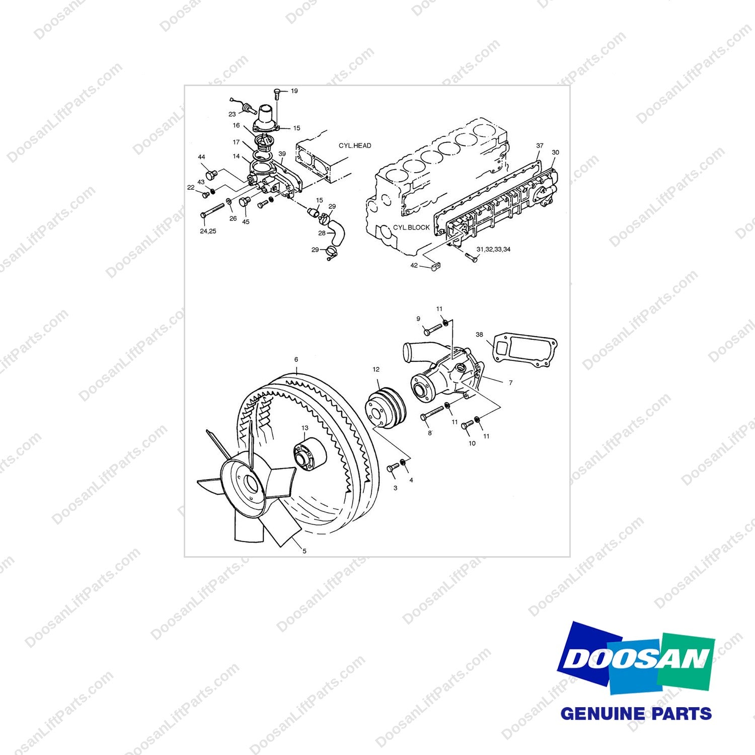 65.90310-0135 COOLING WATER PUMP - DISC - full parts diagram - genuine Doosan / Bobcat forklift part