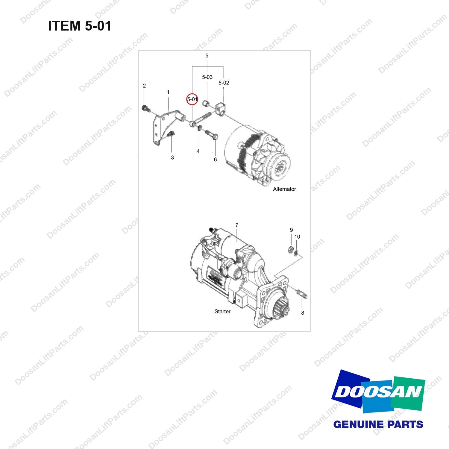 65.90435-0004C Alternator & Starter Mounting - full parts diagram, item 5-01 marked - genuine Doosan / Bobcat forklift part