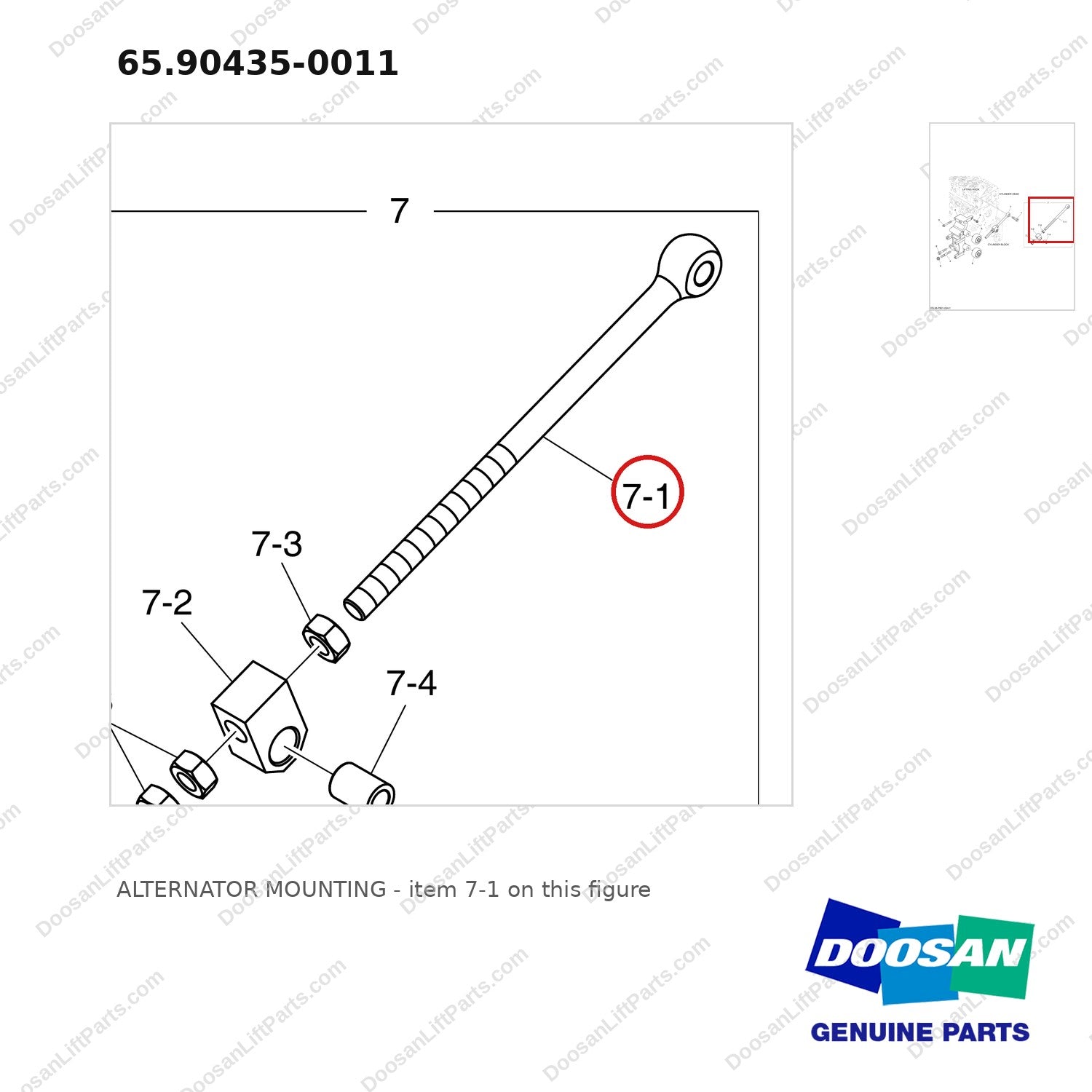 65.90435-0011 ALTERNATOR MOUNTING - parts diagram, item 7-1 shown - genuine Doosan / Bobcat forklift part