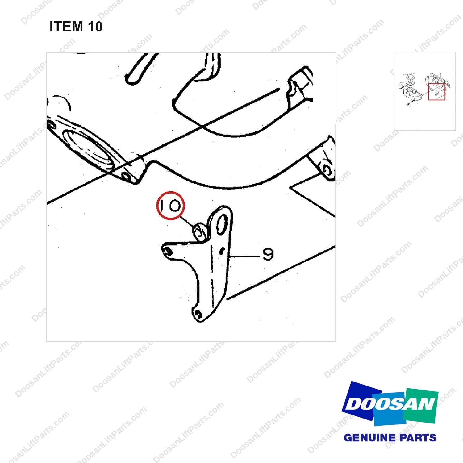 65.90701-0009 INLET AND EXHAUST MANIFOLD - parts diagram, item 10 shown - genuine Doosan / Bobcat forklift part