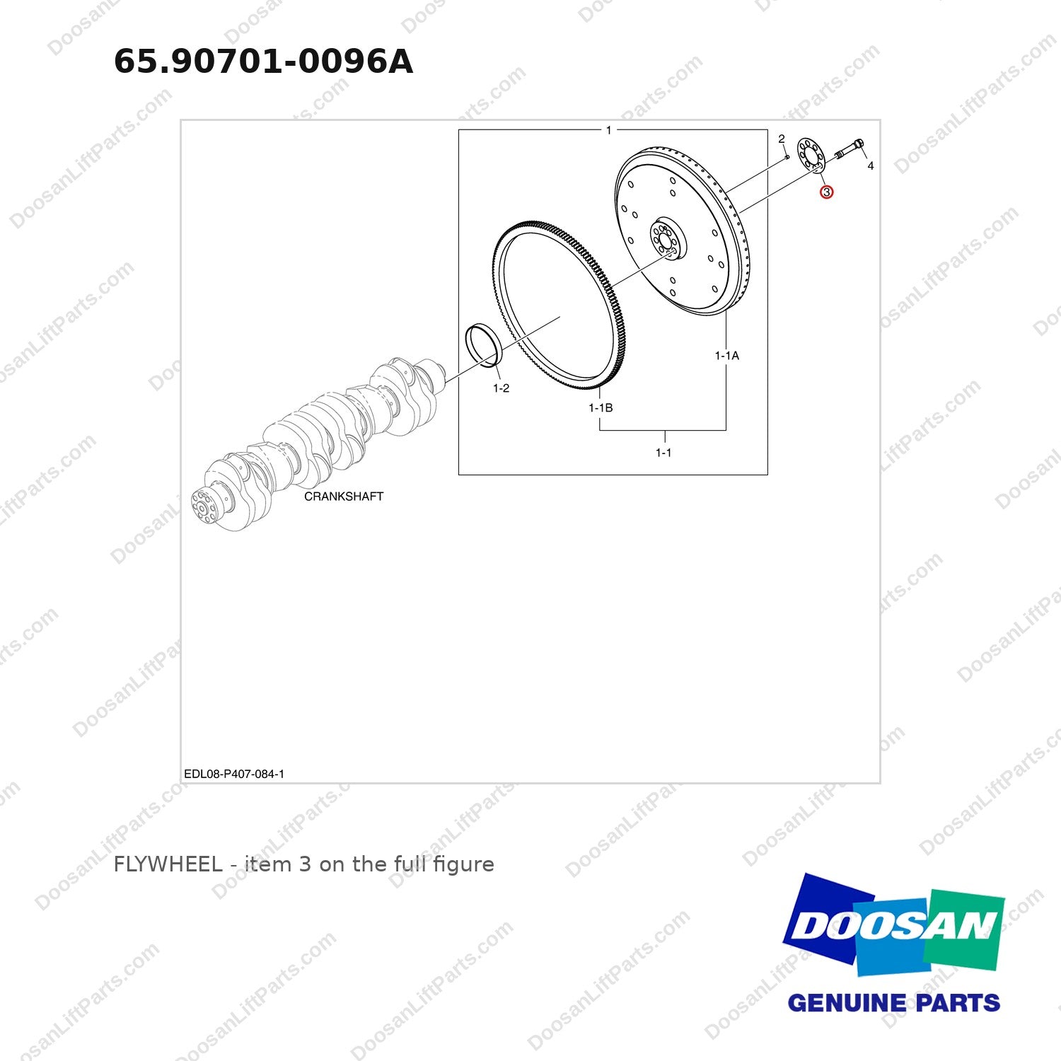 65.90701-0096A FLYWHEEL - full parts diagram, item 3 marked - genuine Doosan / Bobcat forklift part