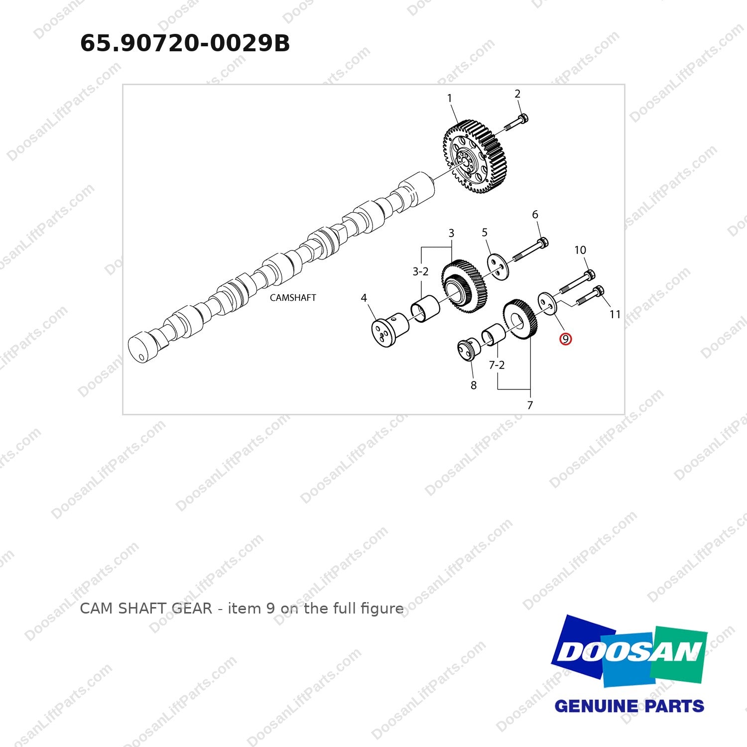 65.90720-0029B CAM SHAFT GEAR - full parts diagram, item 9 marked - genuine Doosan / Bobcat forklift part