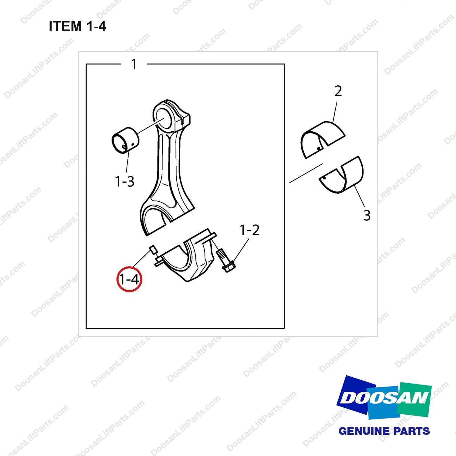 65.91301-0010 CONNECTING ROD - full parts diagram, item 1-4 marked - genuine Doosan / Bobcat forklift part
