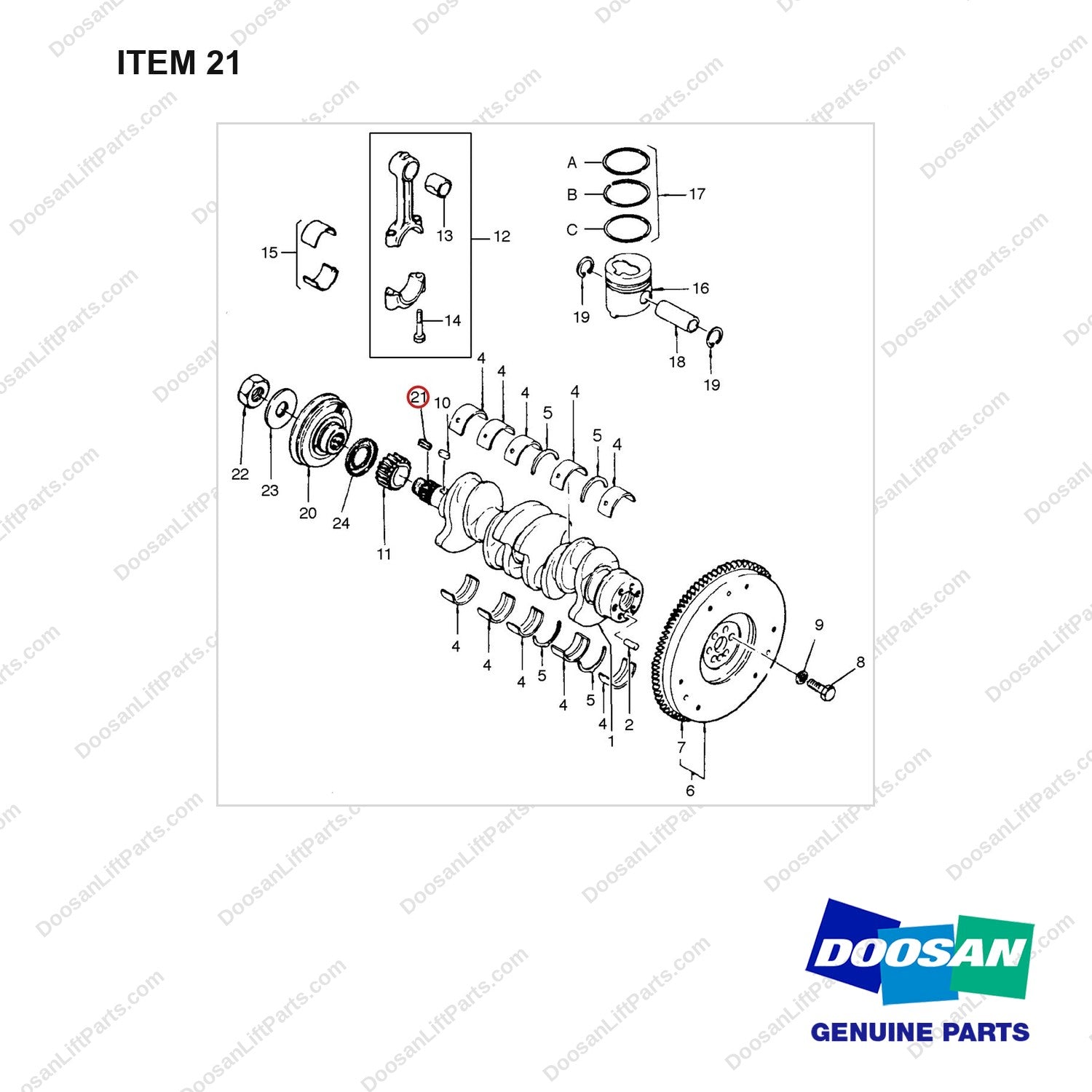 65.91501-0009 CRANK AS - full parts diagram, item 21 marked - genuine Doosan / Bobcat forklift part