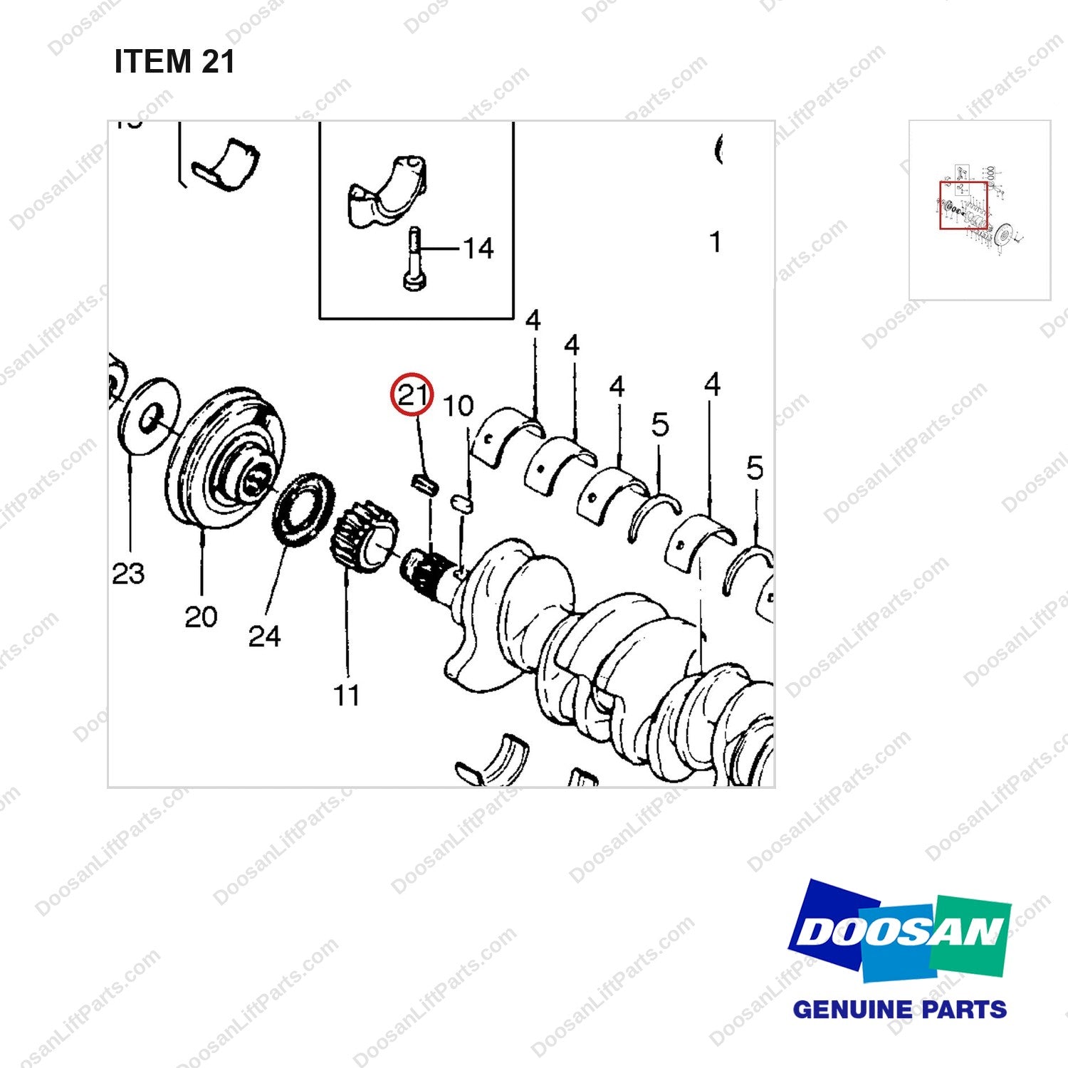65.91501-0009 CRANK AS - parts diagram, item 21 shown - genuine Doosan / Bobcat forklift part