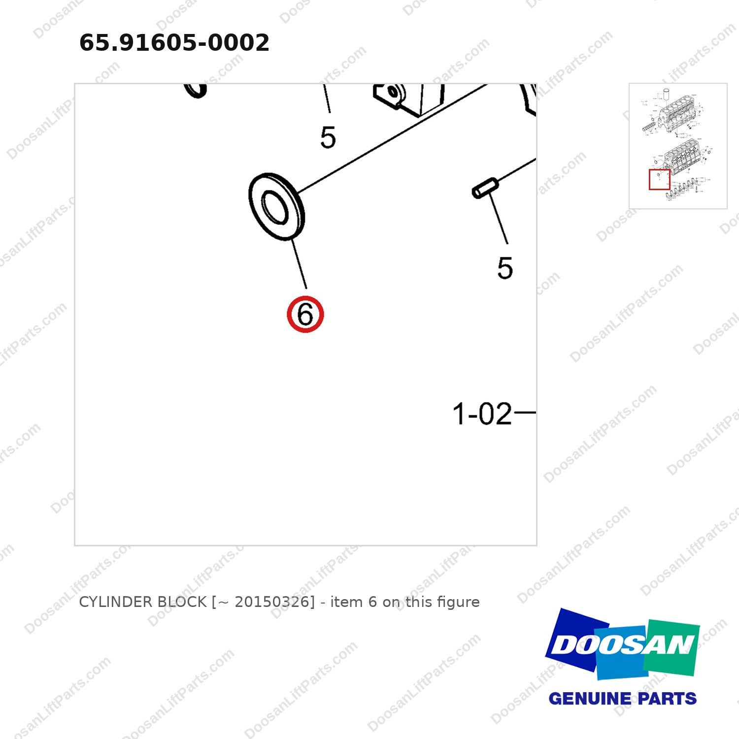 65.91605-0002 CYLINDER BLOCK [~ 20150326] - parts diagram, item 6 shown - genuine Doosan / Bobcat forklift part
