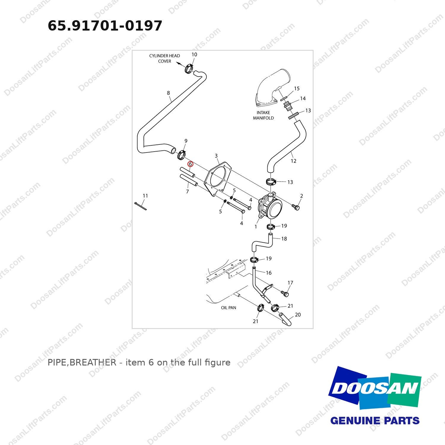 65.91701-0197 PIPE,BREATHER - full parts diagram, item 6 marked - genuine Doosan / Bobcat forklift part