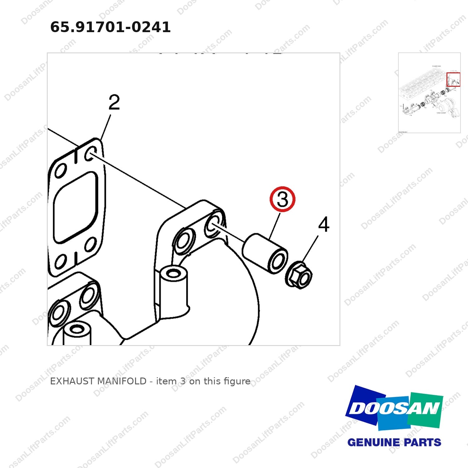 65.91701-0241 EXHAUST MANIFOLD - parts diagram, item 3 shown - genuine Doosan / Bobcat forklift part