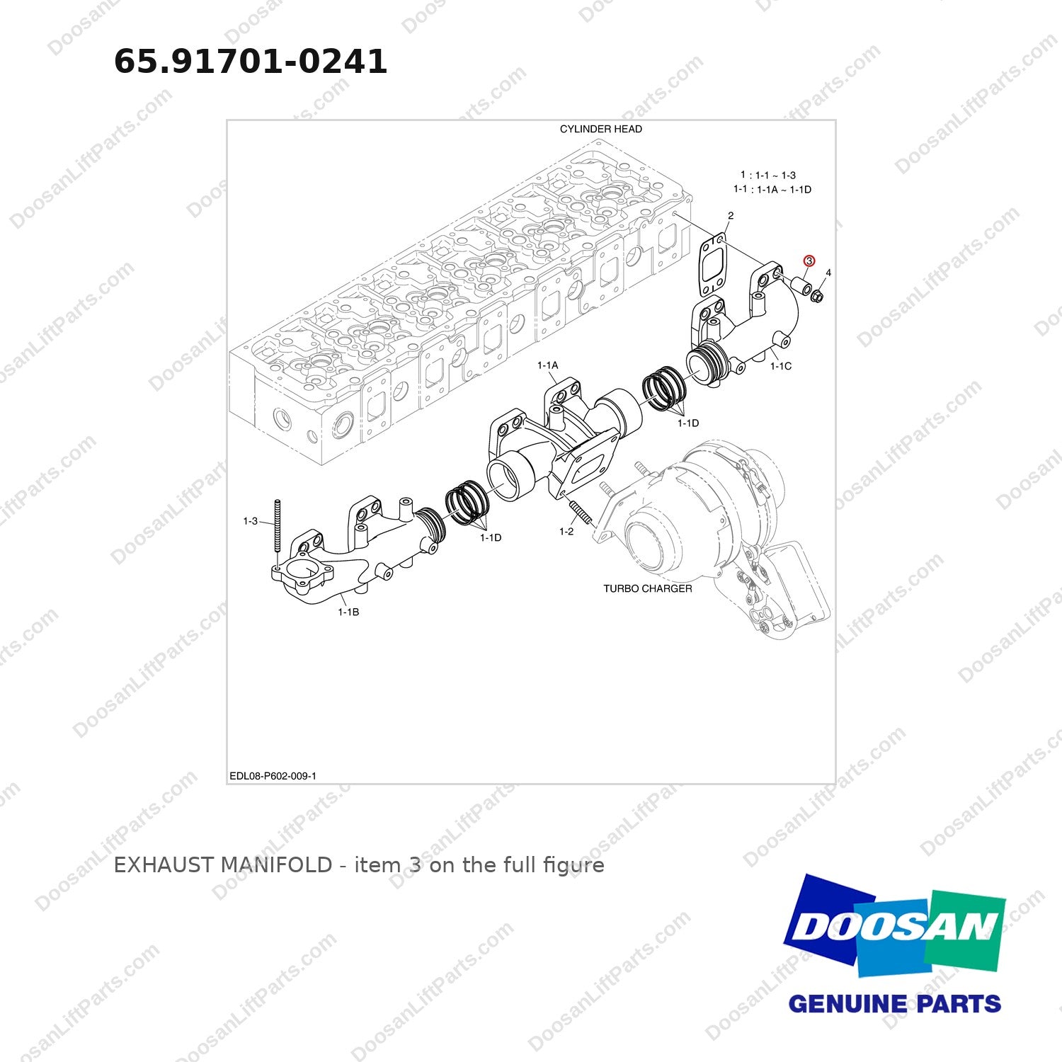 65.91701-0241 EXHAUST MANIFOLD - full parts diagram, item 3 marked - genuine Doosan / Bobcat forklift part
