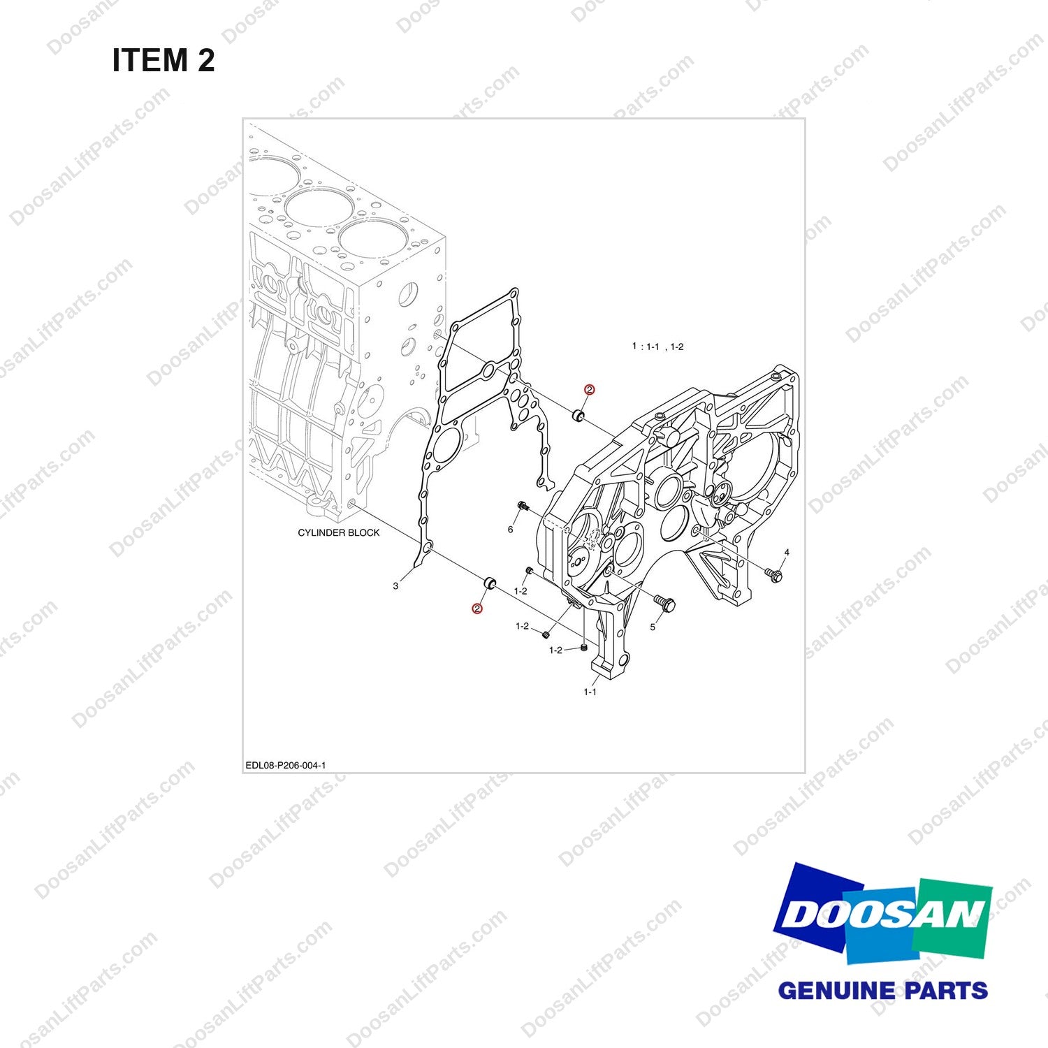 65.91710-0016 TIMING GEAR CASE - full parts diagram, item 2 marked - genuine Doosan / Bobcat forklift part