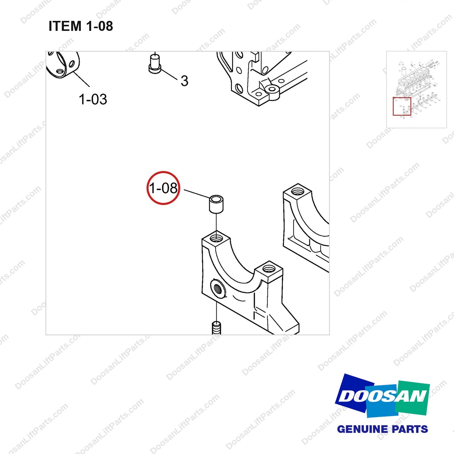 65.91710-0035B Cylinder Block - (TIERII & STAGEII CERTIFIED TRUCK) - parts diagram, item 1-08 shown - genuine Doosan / Bobcat forklift part