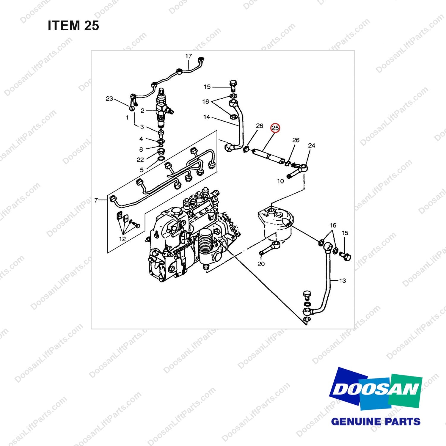 65.96301-0241 FUEL PIPE - full parts diagram, item 25 marked - genuine Doosan / Bobcat forklift part