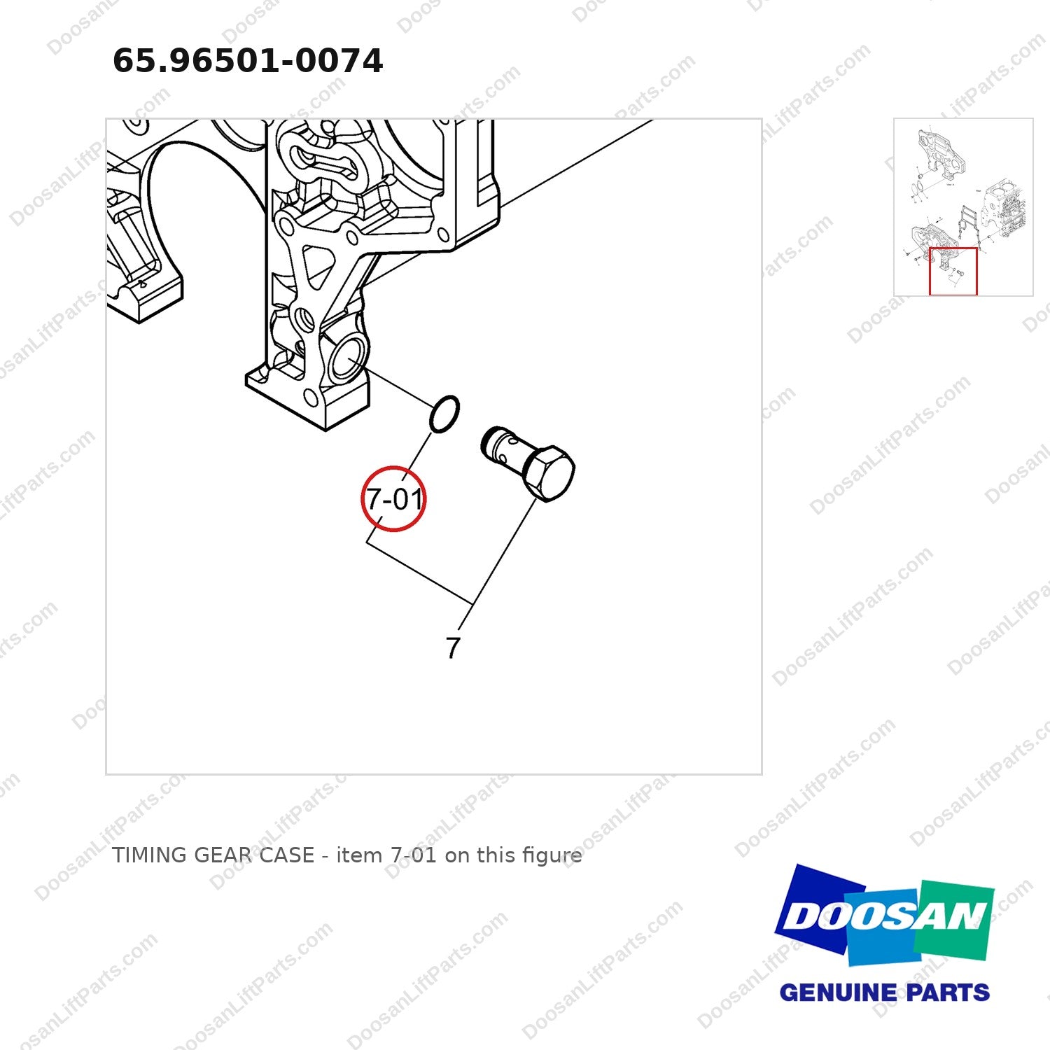 65.96501-0074 TIMING GEAR CASE - parts diagram, item 7-01 shown - genuine Doosan / Bobcat forklift part
