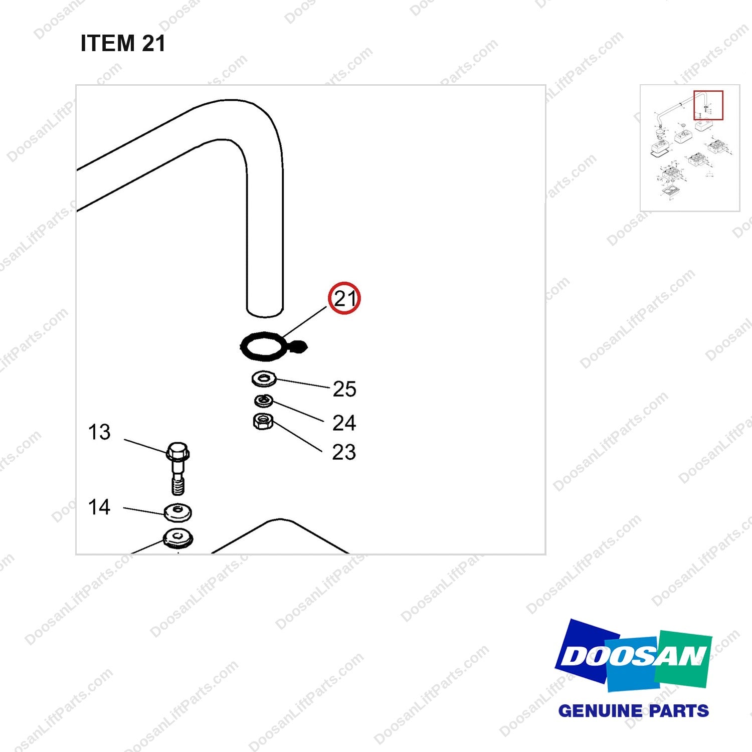 65.97401-0142 Cylinder Head - parts diagram, item 21 shown - genuine Doosan / Bobcat forklift part