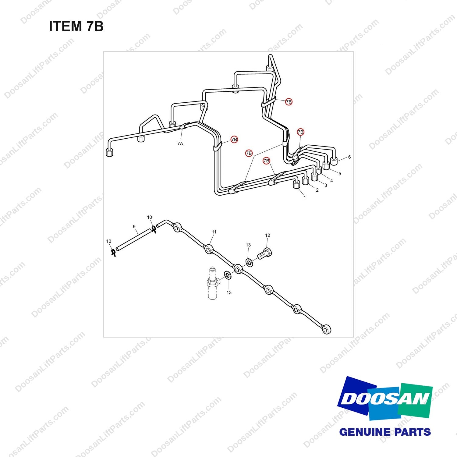 65.97401-6002A INJECTION PIPE - full parts diagram, item 7B marked - genuine Doosan / Bobcat forklift part