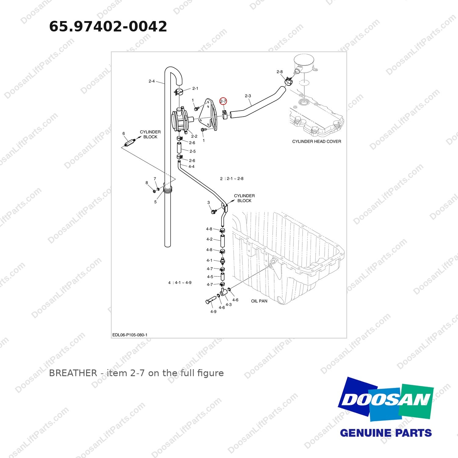 65.97402-0042 BREATHER - full parts diagram, item 2-7 marked - genuine Doosan / Bobcat forklift part