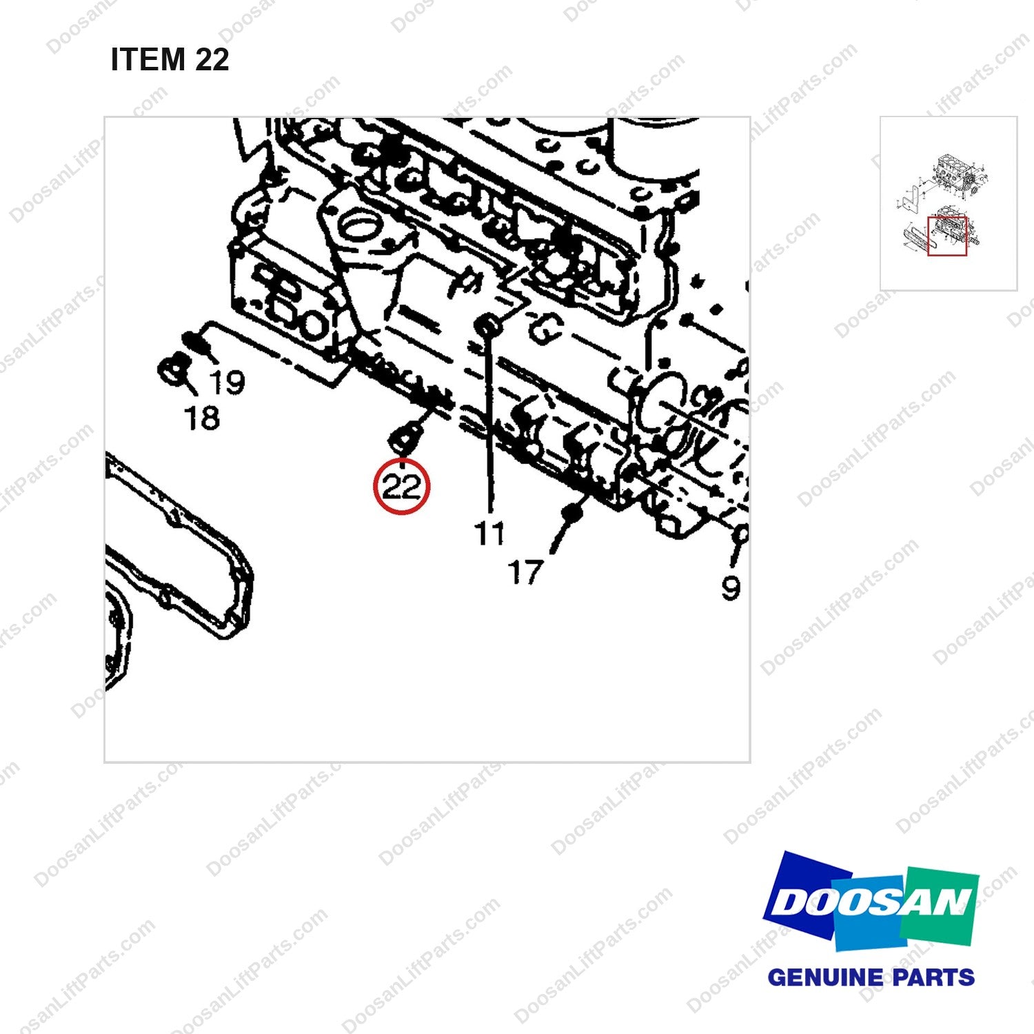 65.98131-0046 CYLINDER BLOCK - parts diagram, item 22 shown - genuine Doosan / Bobcat forklift part