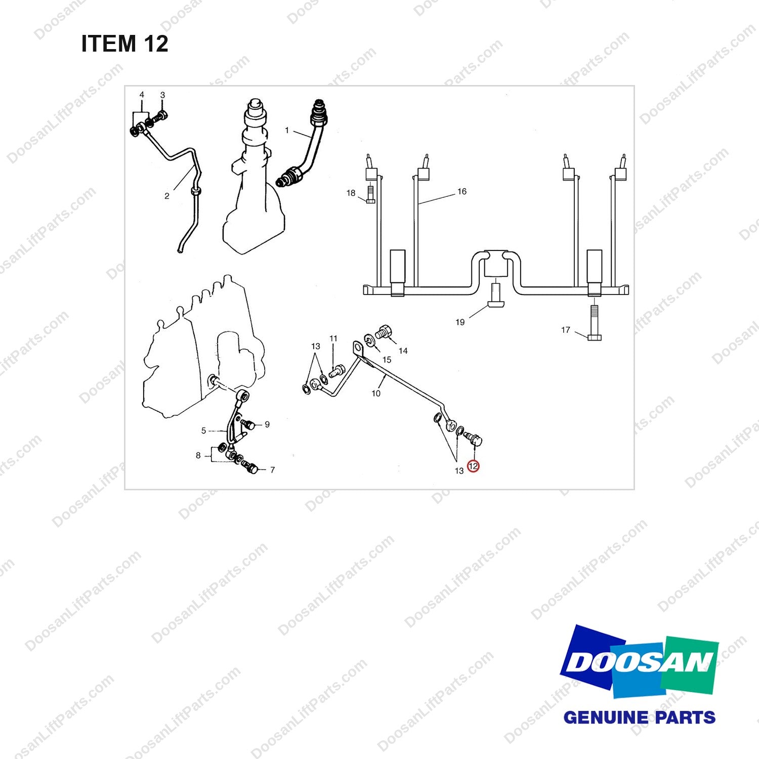 65.98150-0033 OIL PIPE - full parts diagram, item 12 marked - genuine Doosan / Bobcat forklift part