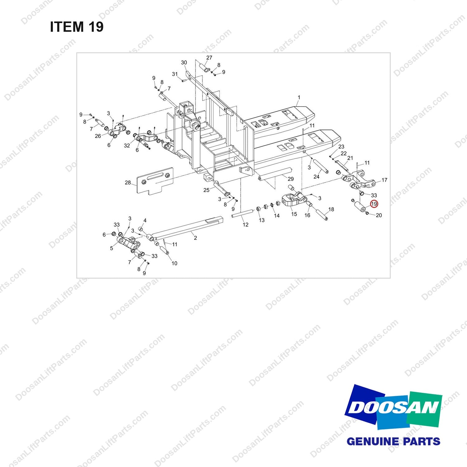 650-20001 Fork frame ass’y for 84” single - full parts diagram, item 19 marked - genuine Doosan / Bobcat forklift part