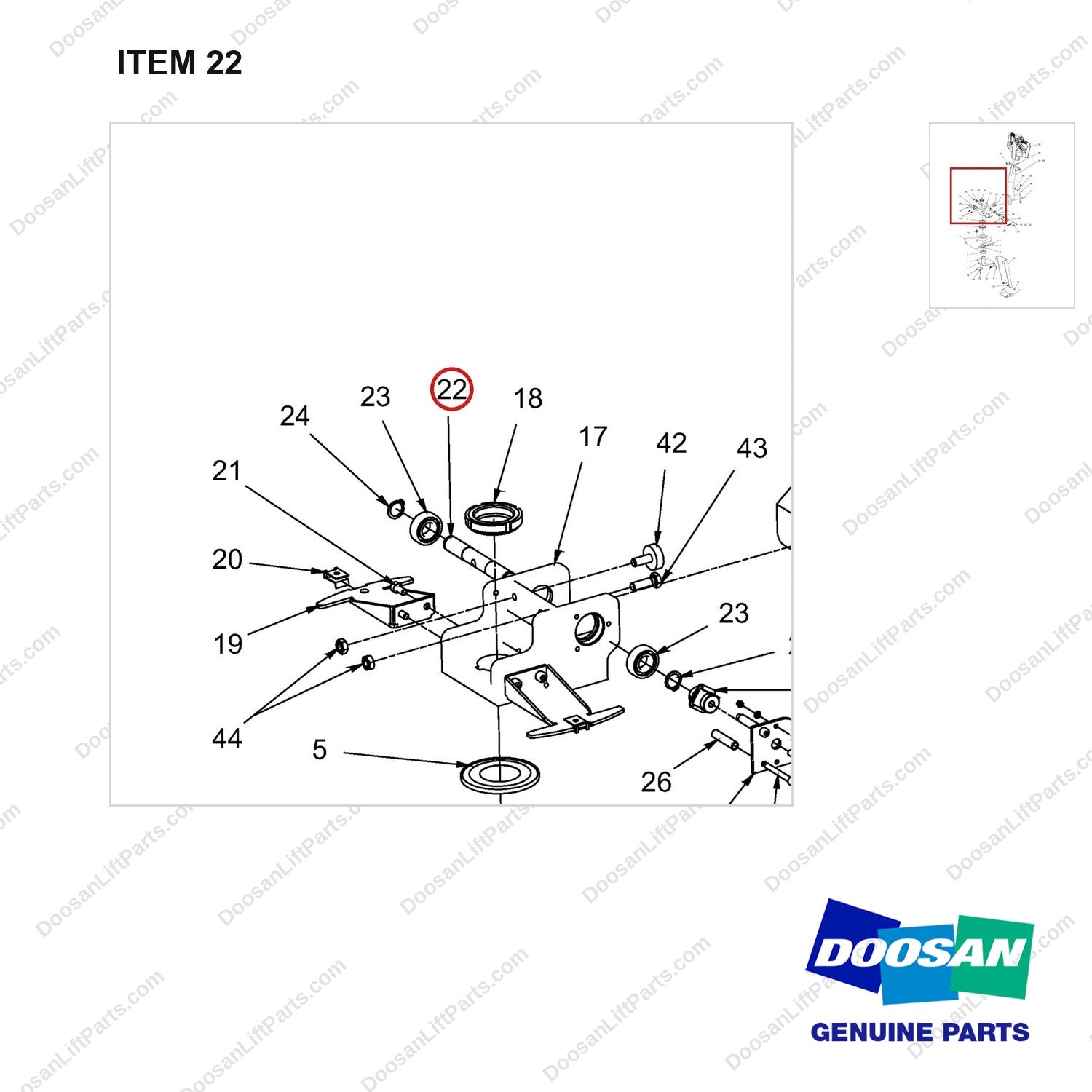 650-20005 Tiller Arm Assy - parts diagram, item 22 shown - genuine Doosan / Bobcat forklift part