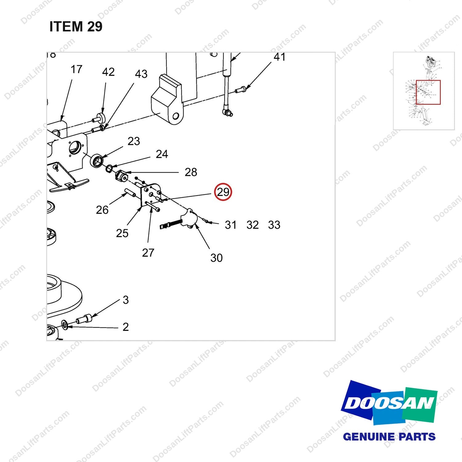 650-20020 Tiller Arm Assy - parts diagram, item 29 shown - genuine Doosan / Bobcat forklift part