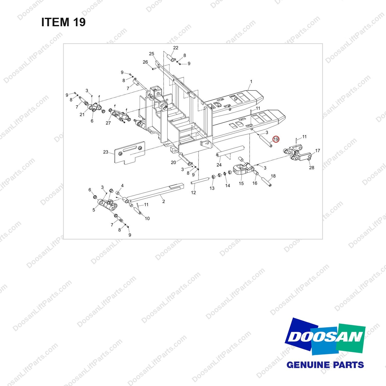 650-20023 Fork Frame Assy For 93” Tandem - full parts diagram, item 19 marked - genuine Doosan / Bobcat forklift part